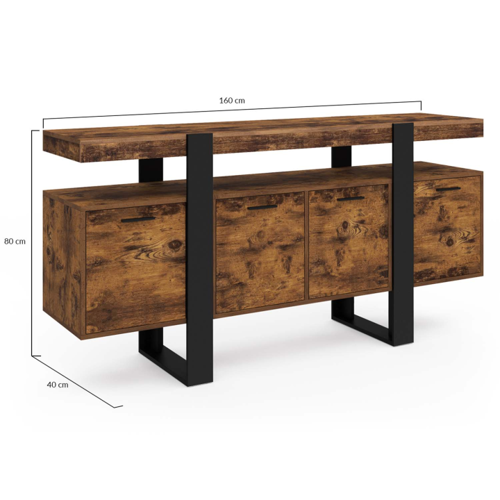 Buffet XXL 160 cm gran capacidad 4 portes bois effet vieilli et noir - PHOENIX | ID Market