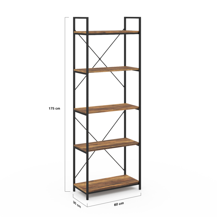 Etagère 5 niveaux HAWKINS bois foncé design industriel 170 cm