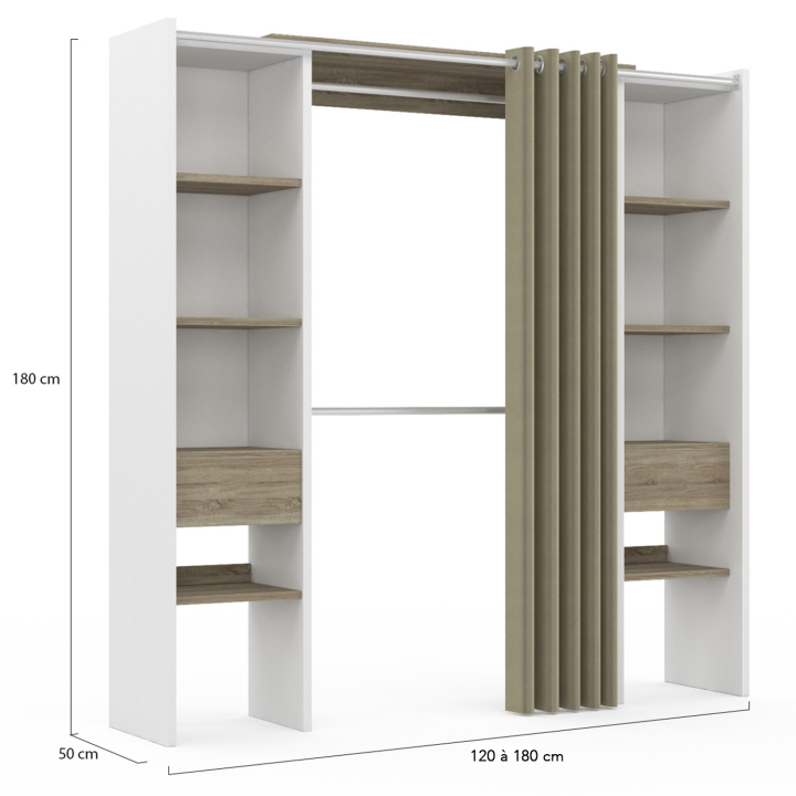 Dressing extensible double MERYL 120/180 x 50 x 180 cm blanc et hêtre