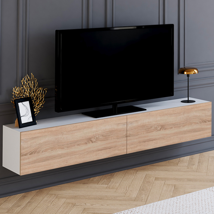 Meuble TV 180 cm suspendu ELIO 2 portes blanc et bois