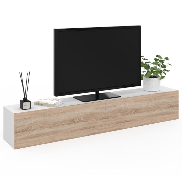 Meuble TV 180 cm suspendu ELIO 2 portes blanc et bois