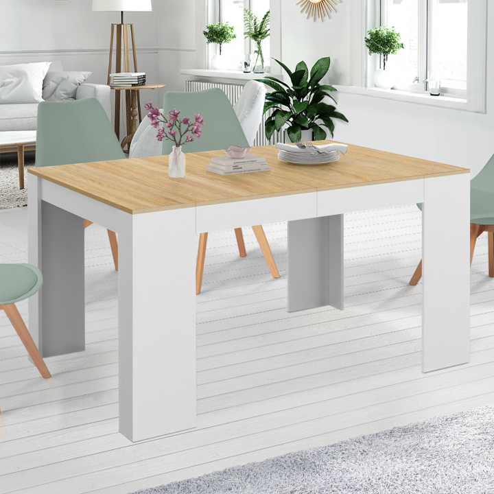 Table console extensible ORLANDO 6 personnes 140 cm bois blanc et façon hêtre