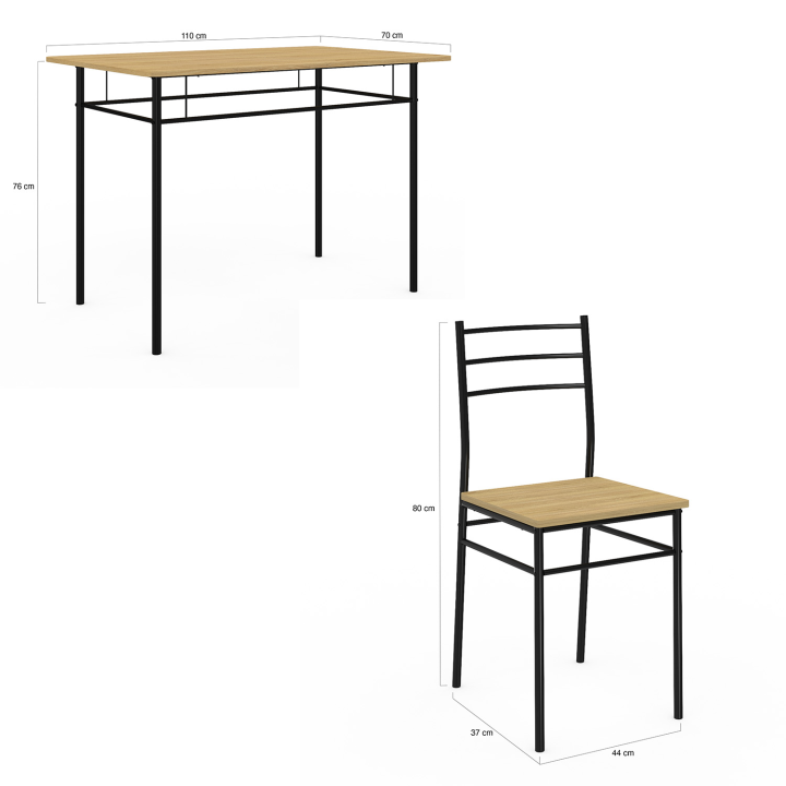 Ensemble table ANGIE 4 personnes + 4 chaises bois et métal noir