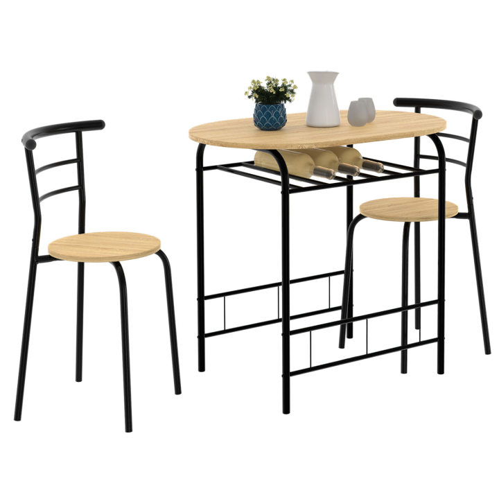 Ensemble table LYNETH 2 personnes + 2 chaises bois et métal noir