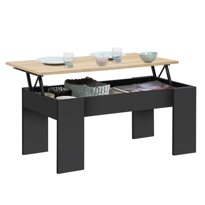 Table basse plateau relevable rectangulaire TARA bois noir et imitation hêtre