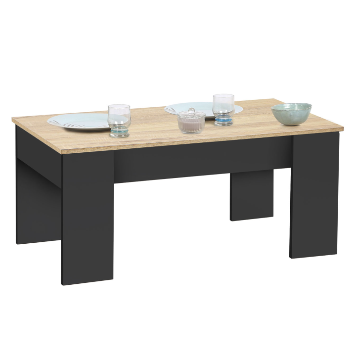 Mesa de centro rectangular con tablero elevable en madera negra e imitación haya - TARA | ID Market