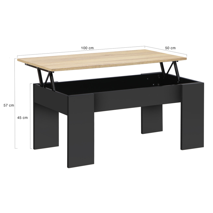 Mesa de centro rectangular con tablero elevable en madera negra e imitación haya - TARA | ID Market