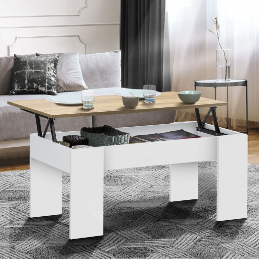 Table basse plateau relevable rectangulaire TARA bois blanc et imitation hêtre 