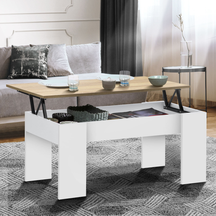 Mesa de centro rectangular con tablero elevable en madera blanca e imitación haya - TARA | ID Market