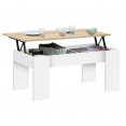 Table basse plateau relevable rectangulaire TARA bois blanc et imitation hêtre 