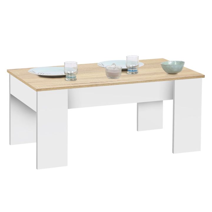 Mesa de centro rectangular con tablero elevable en madera blanca e imitación haya - TARA | ID Market