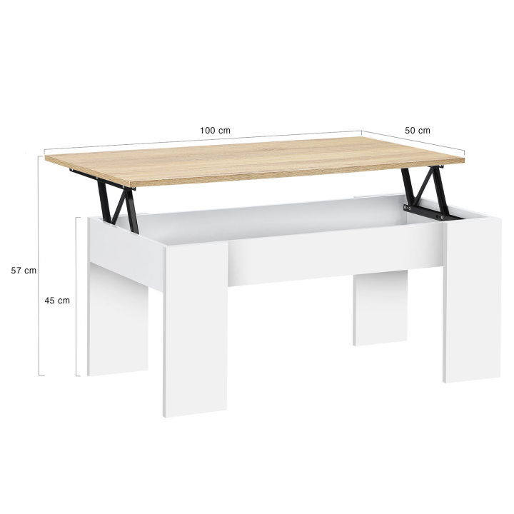 Mesa de centro rectangular con tablero elevable en madera blanca e imitación haya - TARA | ID Market