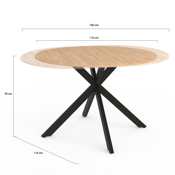 Table à manger extensible ronde ALIX 6-8 personnes pied araignée bois et noir 110-150 cm