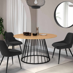 Table à manger ronde YUNA 4-6 personnes plateau bois et pied filaire en métal noir 110 cm