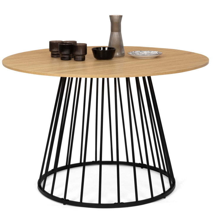 Table à manger ronde YUNA 4-6 personnes plateau bois et pied filaire en métal noir 110 cm