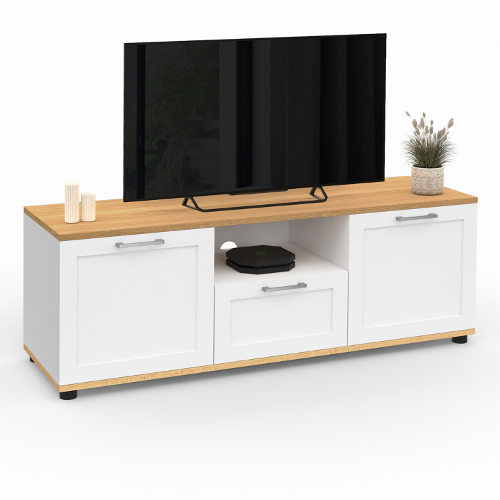 Meuble TV 110 cm VITO avec tiroir et niche blanc et bois