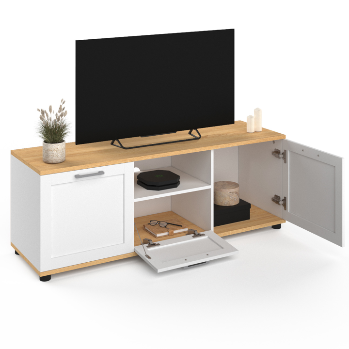 Meuble TV 110 cm VITO avec tiroir et niche blanc et bois