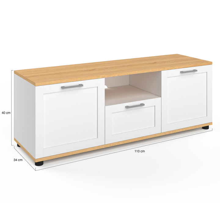 Mueble TV blanco y madera con cajón y hornacina 110 cm - VITO | ID Market