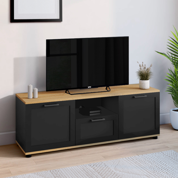 Meuble TV 110 cm VITO avec tiroir et niche noir et bois