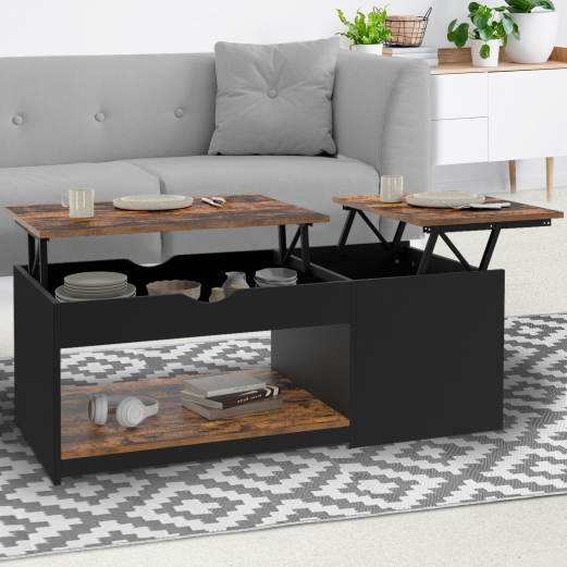 Table basse 2 plateaux relevables EYLA avec coffre bois foncé effet vieilli et noir