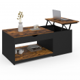 Table basse 2 plateaux relevables EYLA avec coffre bois foncé effet vieilli et noir