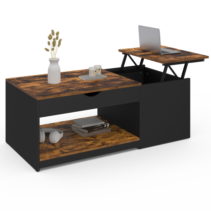 Mesa de centro doble con tablero elevable en negro y madera oscura envejecida - EYLA | ID Market