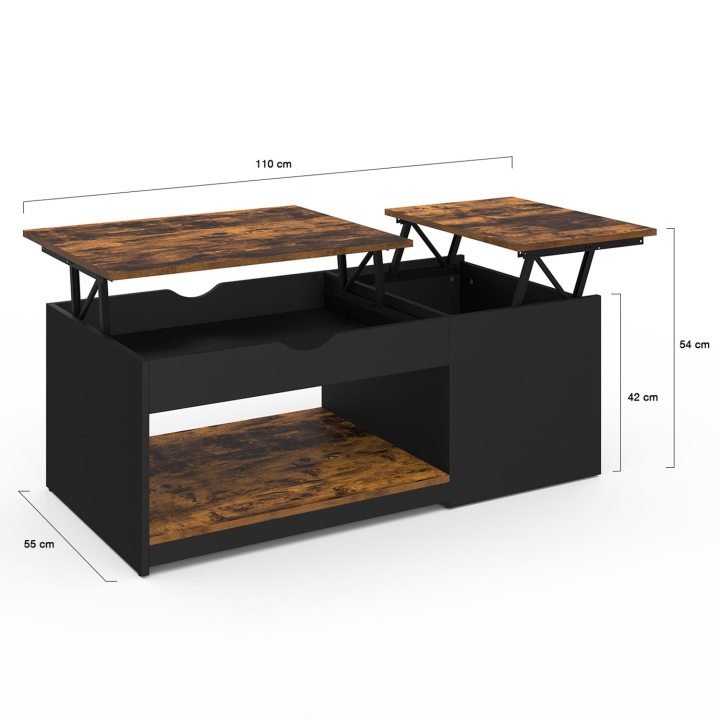 Table basse 2 plateaux relevables EYLA avec coffre bois foncé effet vieilli et noir