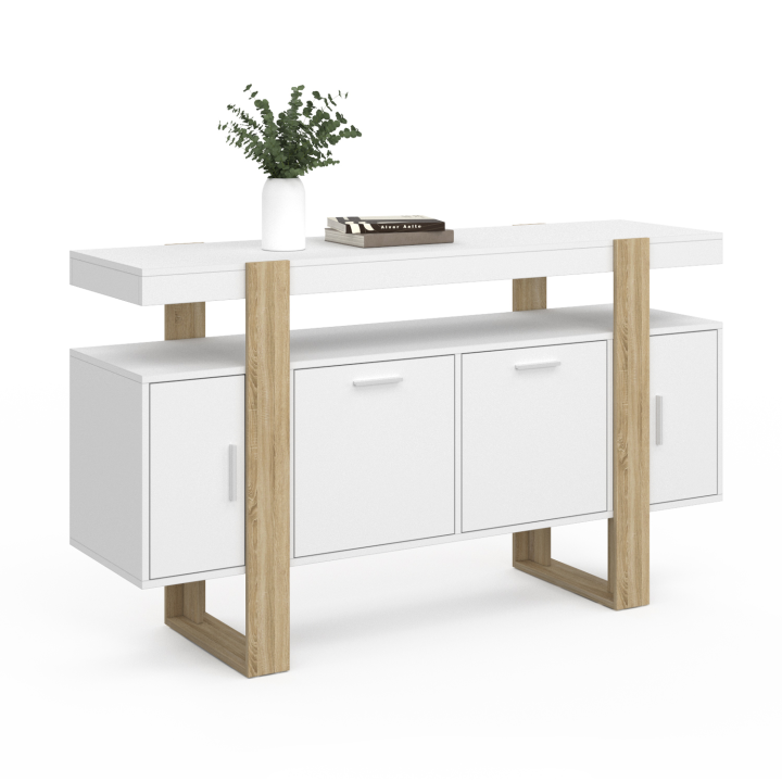 Buffet 140 cm PHOENIX 4 portes blanc et bois