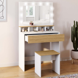 Coiffeuse ZELIA blanc et hêtre miroir LED avec 4 niches, 1 tiroir et tabouret