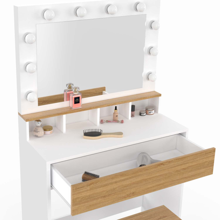 Coiffeuse ZELIA blanc et hêtre miroir LED avec 4 niches, 1 tiroir et tabouret