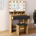 Coiffeuse ZELIA hêtre et noir miroir LED avec 4 niches, 1 tiroir et tabouret