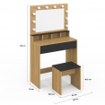 Coiffeuse ZELIA hêtre et noir miroir LED avec 4 niches, 1 tiroir et tabouret