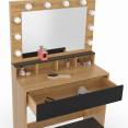 Coiffeuse ZELIA hêtre et noir miroir LED avec 4 niches, 1 tiroir et tabouret