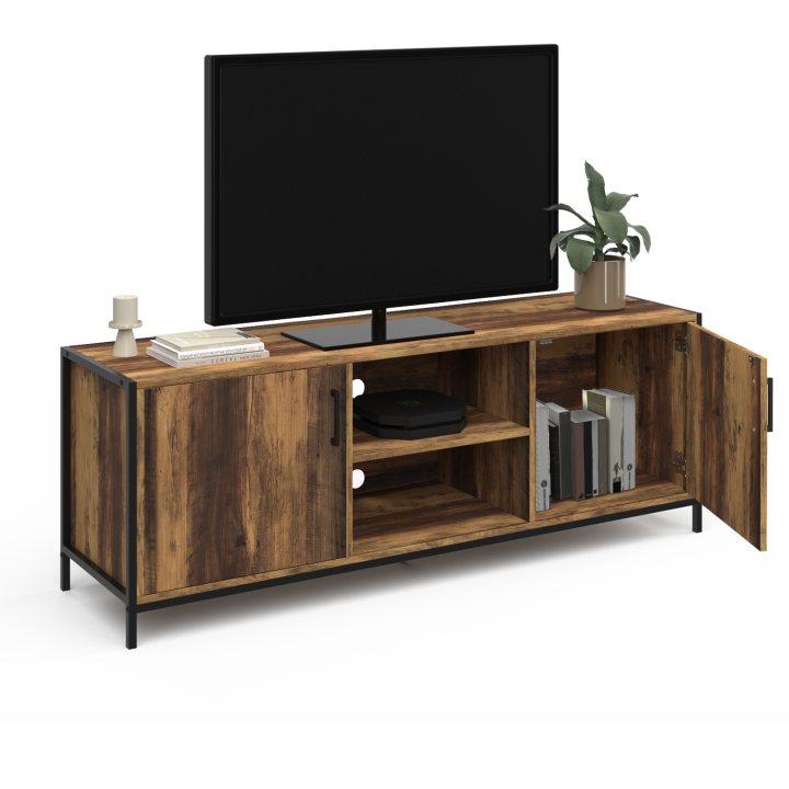 Mueble de TV de 140 cm con 2 puertas de madera oscura de diseño industrial - HAWKINS | ID Market