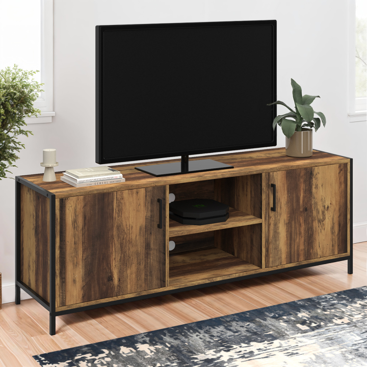 Meuble TV 140 cm HAWKINS 2 portes bois foncé design industriel