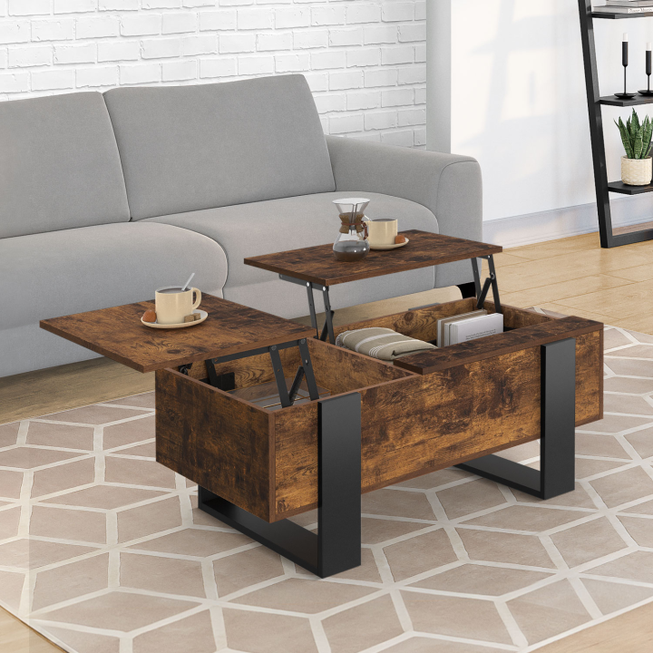 Table basse 2 plateaux relevables PHOENIX bois effet vieilli et noir