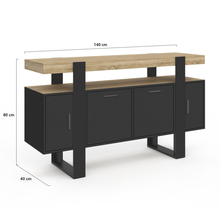 Aparador negro de 4 puertas de 140 cm con tapa de madera - PHOENIX | ID Market