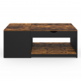 Table basse 2 plateaux relevables EYLA avec coffre bois foncé effet vieilli et noir