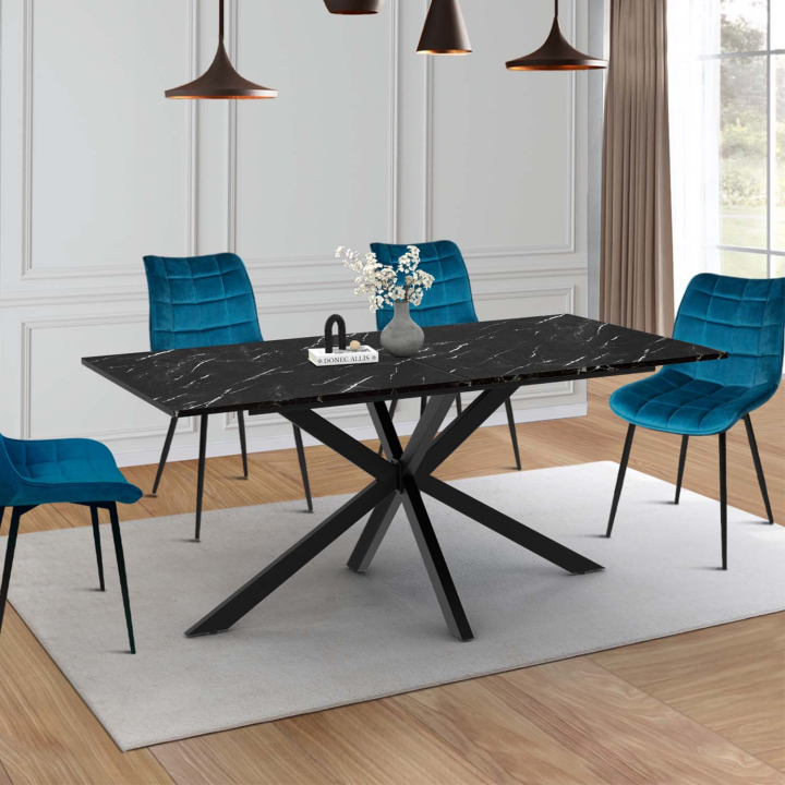 Mesa de comedor rectangular extensible efecto mármol negro y metal - ALASKA | ID Market