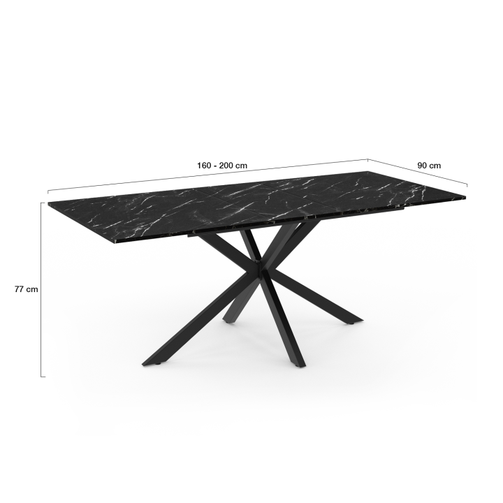 Mesa de comedor rectangular extensible efecto mármol negro y metal - ALASKA | ID Market