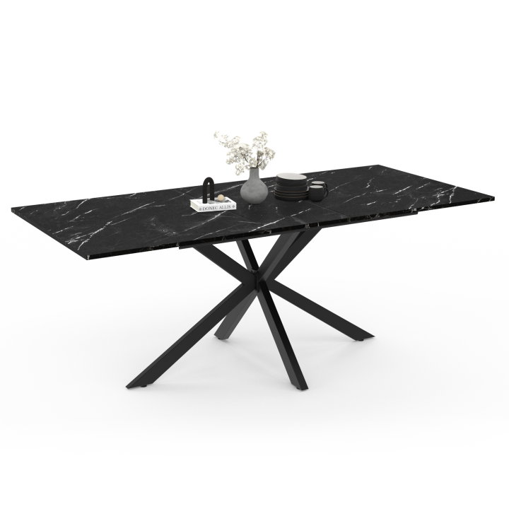 Mesa de comedor rectangular extensible efecto mármol negro y metal - ALASKA | ID Market