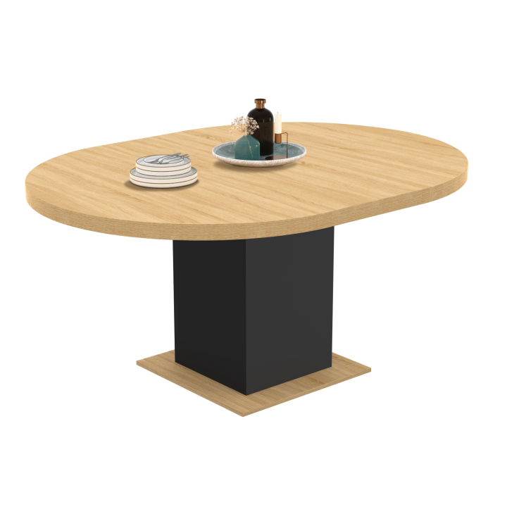 Table à manger extensible ronde EDEN 6-8 personnes bois et noir 120-160 cm