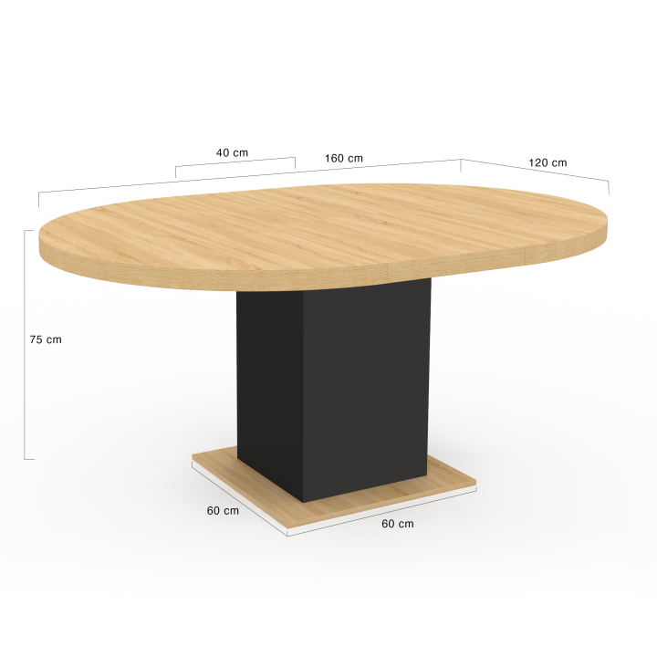 Table à manger extensible ronde EDEN 6-8 personnes bois et noir 120-160 cm