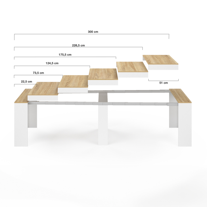 Table console extensible ORLANDO 14 personnes 300 cm blanc et façon hêtre