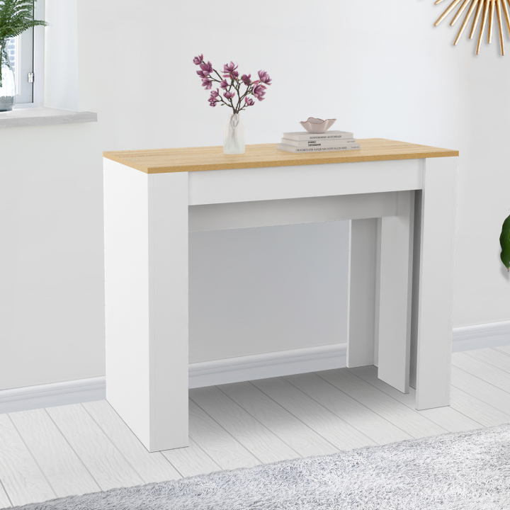 Table console extensible ORLANDO 14 personnes 300 cm blanc et façon hêtre