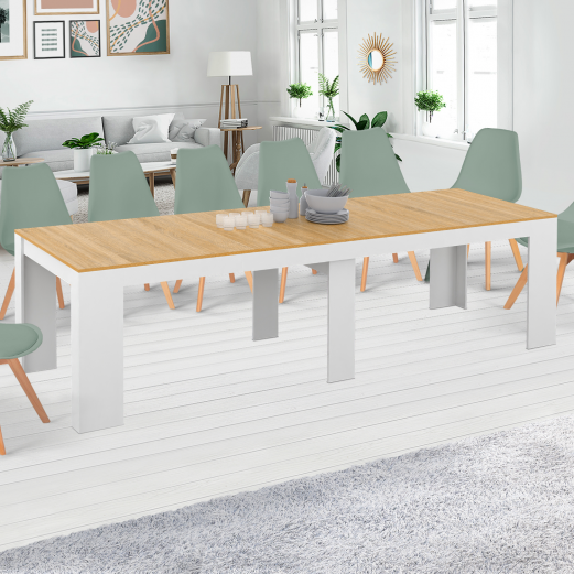 Table console extensible ORLANDO 14 personnes 300 cm blanc et façon hêtre