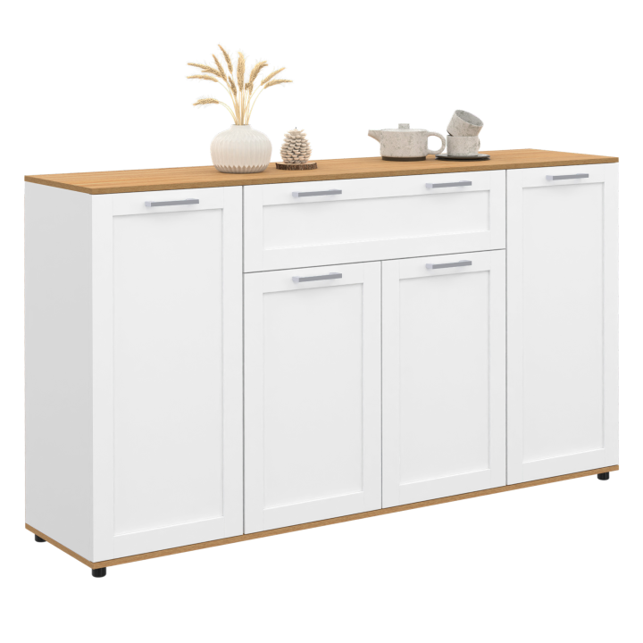 Buffet 140 cm VITO 4 portes et 1 tiroir blanc et bois