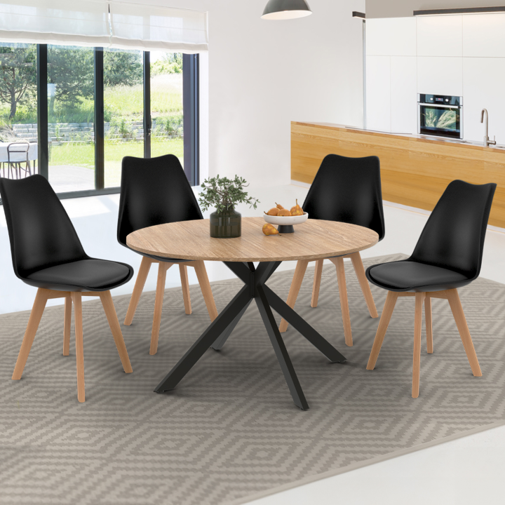 Table à manger extensible ronde ALIX 6-8 personnes pied araignée bois et noir 110-150 cm