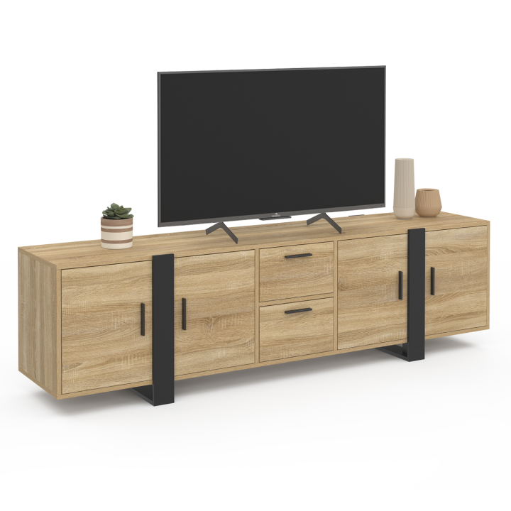 Mueble TV madera y negro 180 cm 4 puertas + 2 cajones - PHOENIX | ID Market