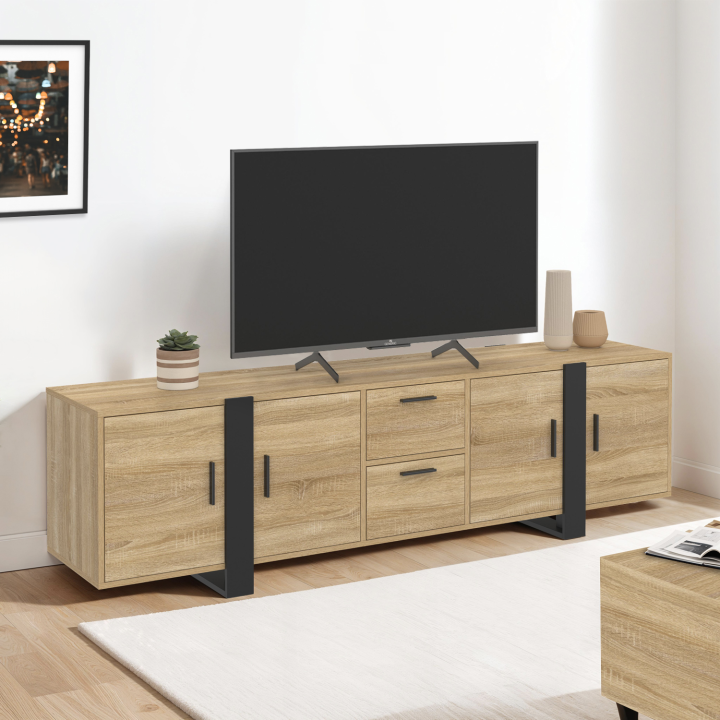 Meuble TV 180 cm PHOENIX avec rangements bois et noir